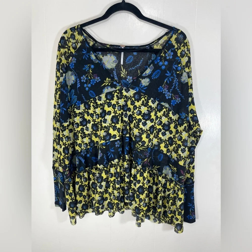 Free People Isabelle Tunic Oversized Floral Sheer Boho Peasant Tunic Top Size XS